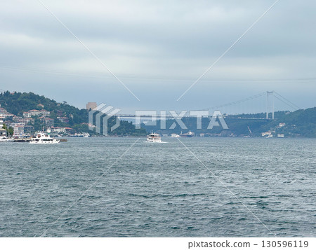 Panoramic view of Bosphorus Bridge and Istanbul shoreline. Infrastructure, transportation, engineering, travel, and urban landscape in Turkey. Panoramic view of Bosphorus Bridge and Istanbul shoreline. Infrastructure, transportation, engineering, travel, and urban landscape in Turkey. 130596119