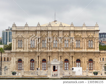 Dolmabahce Palace view from the Bosphorus in Istanbul. Ottoman architecture, cultural heritage and historical tourism in Turkey. Dolmabahce Palace view from the Bosphorus in Istanbul. Ottoman architecture, cultural heritage and historical tourism in Turkey. 130596135