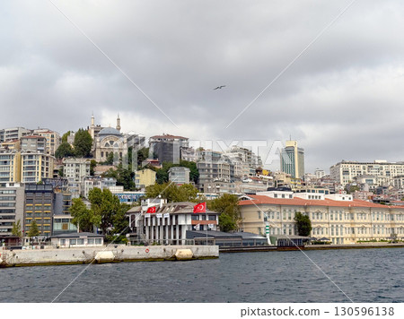 Panoramic view of Istanbul with mosque on hill. Religion, architecture, and urban lifestyle in Turkish cityscape. 130596138
