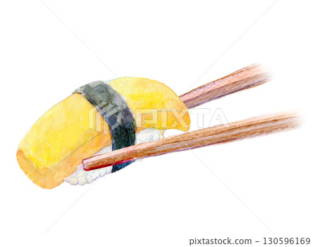 水彩插圖、手繪插圖、筷子夾的雞蛋壽司 水彩插圖、手繪插圖、筷子夾的雞蛋壽司 130596169