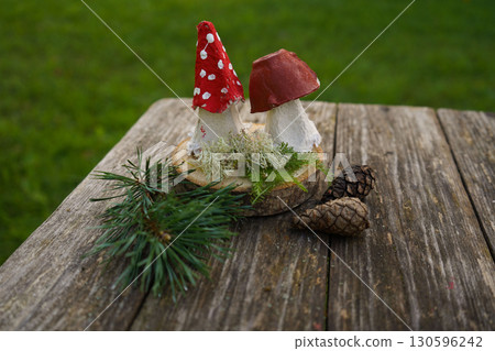 Fall craft from eco-conscious materials, combining natural and recycled elements into a mushroom. 130596242