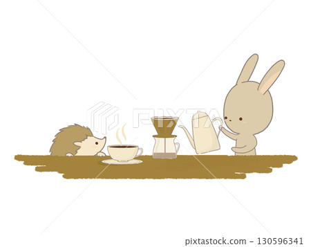 兔子和刺蝟準備咖啡的插圖 130596341