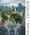 Nov 20, 2019 - Kuala Lumpur, Malaysia: Aerial perspective of KLCC Park at day, dramatic sky, landscaped gardens, water fountains, lakes, skyscrapers, green areas, modern city skyline. Urban planning 130596436