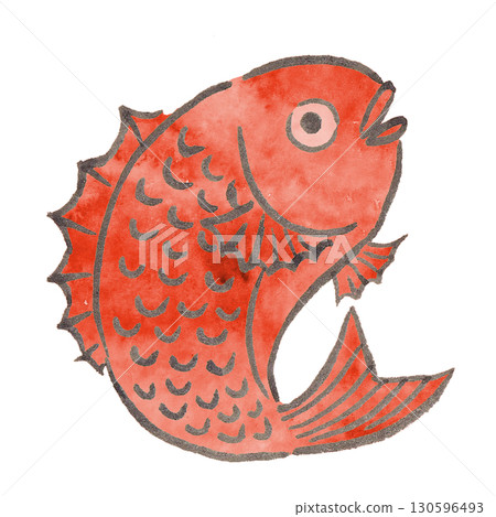 用毛筆和墨水繪製的鯛魚插圖 130596493