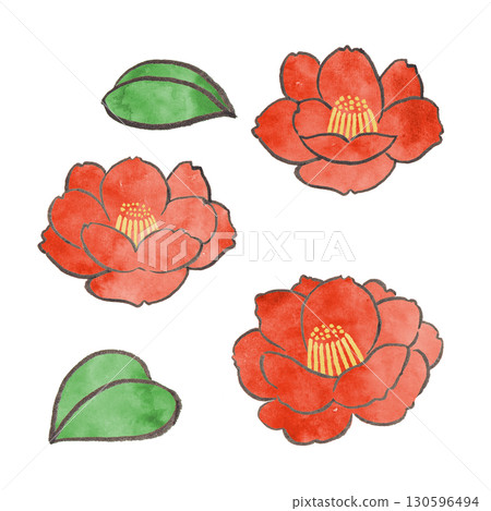 A simple illustration of a camellia drawn with a brush and ink A simple illustration of a camellia drawn with a brush and ink 130596494