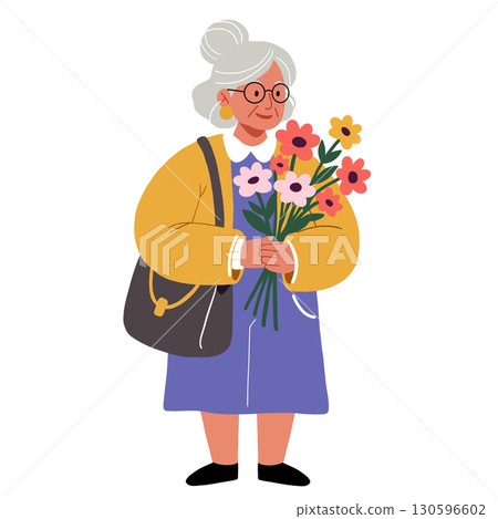 Happy senior woman holding flowers for special occasion, happy grandma smiles 130596602
