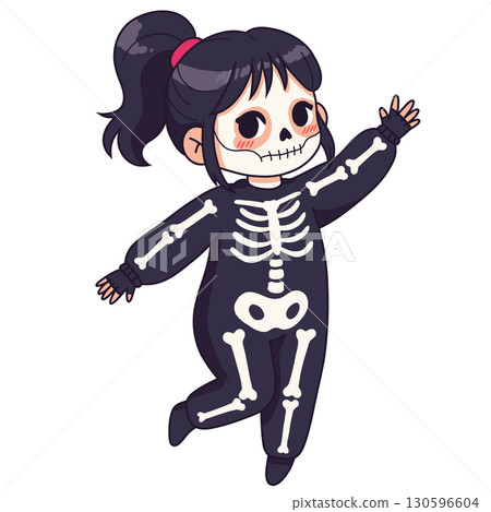 Cute girl in skeleton costume for Halloween, cute kid having fun at party 130596604
