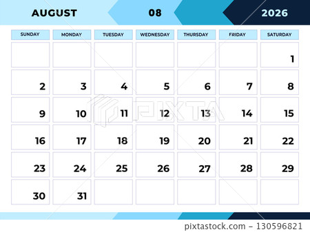 August 2026, planner monthly design. Calendar 2026, Week Starts Sunday, One Page. Design Planner Template. Print. 130596821