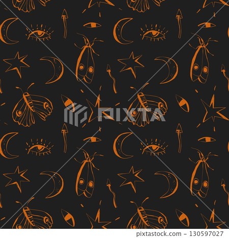 Halloween inspired seamless mystical pattern with moths stars moons and eyes on dark background magical design for fabric and wrapping 130597027