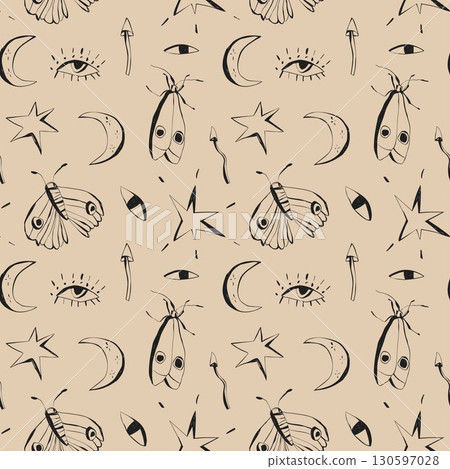 Seamless vintage mystical pattern with moths stars moons and eyes on beige background for fabric wrapping wallpaper and surface design 130597028