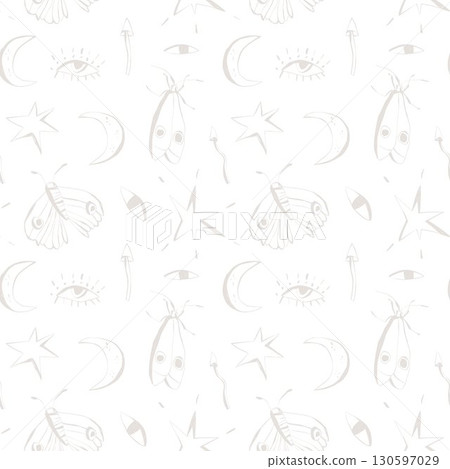Seamless mystical pattern with moths moons stars and eyes on white background magical boho design for fabric wrapping wallpaper Seamless mystical pattern with moths moons stars and eyes on white background magical boho design for fabric wrapping wallpaper 130597029