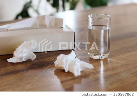 Rolled tissue paper and a cup of water, a white tissue box, a houseplant, indoors 130597068