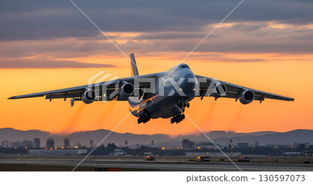 一架大型貨機在日落時降落 一架大型貨機在日落時降落 130597073