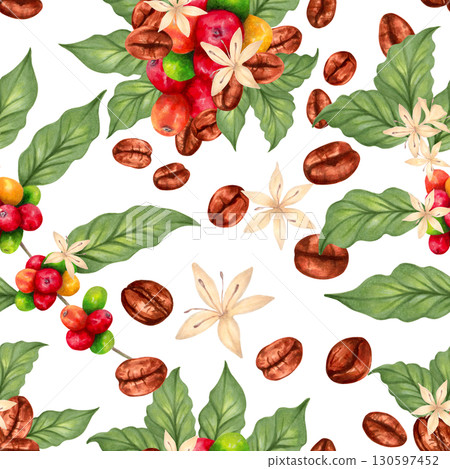 Seamless pattern of Arabica and Robusta coffee berries with grains, leaves and flowers. Watercolor illustration. Hand drawn isolated art. International Coffee Day. Background for fabric, textile. Seamless pattern of Arabica and Robusta coffee berries with grains, leaves and flowers. Watercolor illustration. Hand drawn isolated art. International Coffee Day. Background for fabric, textile. 130597452