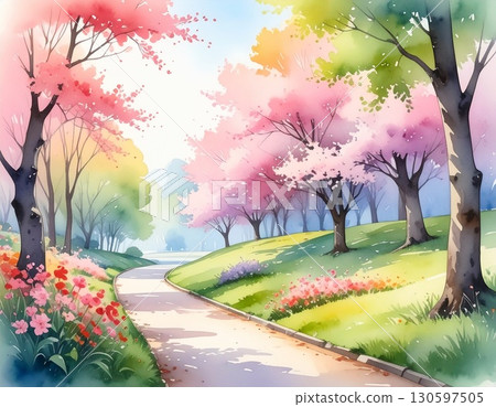 Beautiful park scenery with rows of cherry blossom trees 130597505