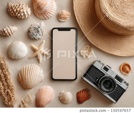 travel and vacation accessories on sand 130597657
