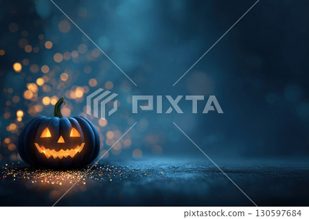 Dark blue background with smiling glowing pumpkin on the left and space for text. Halloween banner. 130597684