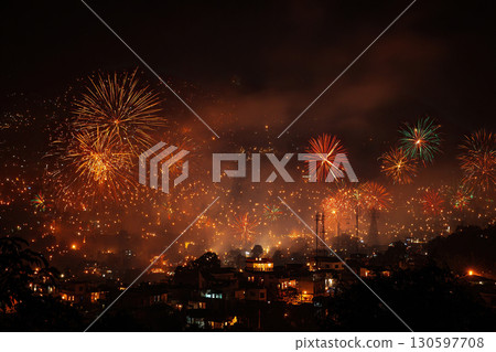 Colorful fireworks over a provincial town. The night sky is decorated with fireworks lights. 130597708