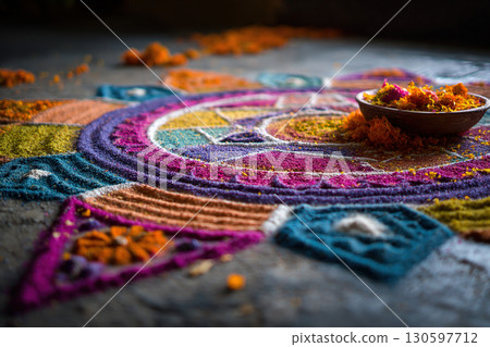 Sand symbolic pattern at the entrance to the house. Indian tradition. Diwali celebration. Rangoli patterns 130597712