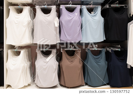 Lots of clothes on display 130597752