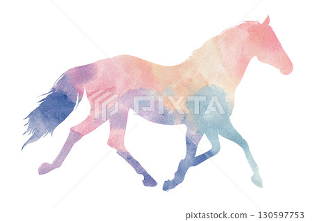 彩色馬的水彩插圖（馬年、新年賀卡、抽象藝術） 130597753