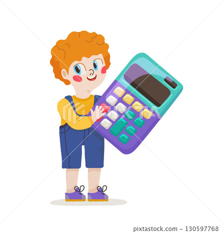 A cute red-haired boy in shorts holds a calculator in his hands and solves math examples. Back to School concept 130597768