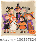 Halloween kids costume party | Cute witch, black cat and ghost illustration 130597824