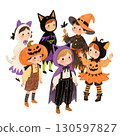 Illustration of a group of cute children dressed up for Halloween: witch, pumpkin, black cat, ghost 130597827