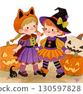 Cute illustrations of girls dressed up for Halloween: witch, pumpkin, black cat 130597828
