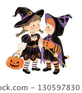 Illustrations of cute children in Halloween costumes: witch, pumpkin, trick or treat 130597830