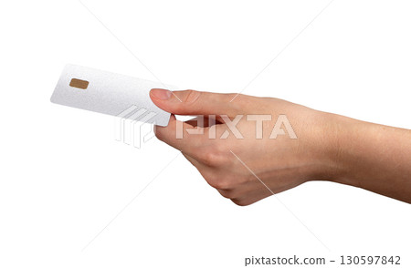 Arm in action. Cardholder grip, chip visible, pay movement, commerce, fund, cashback, currency, 130597842