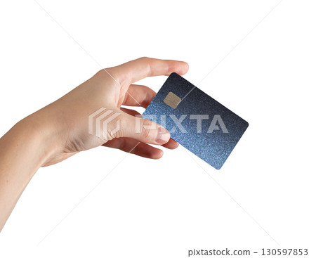 Card chip held, closeup grip, commerce, finance, bank transfer, wage, cashback, payment concept. 130597853