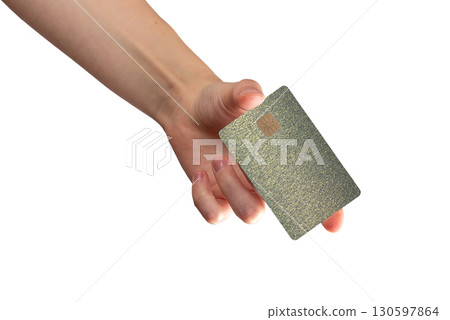 Card in female hand close up. Woman grip plastic chip bankcard for payment, transfer, cashback, Card in female hand close up. Woman grip plastic chip bankcard for payment, transfer, cashback, 130597864