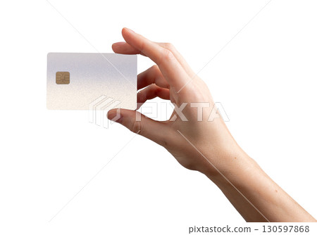 Card in hand at atm. Woman showing plastic bankcard with chip for payment, purchase, money transfer, 130597868
