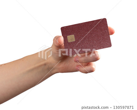 Card in hand for payment. Female arm holding bank chip card, grip for buy, transfer, salary, income, 130597871