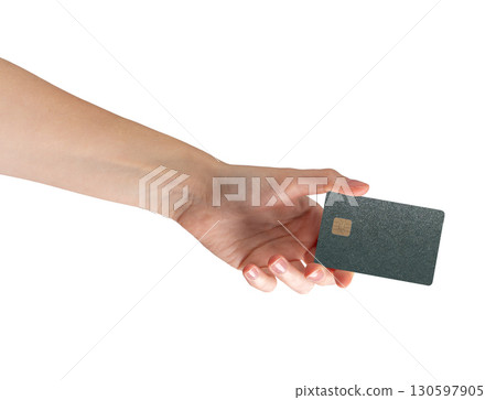 Card in hand. Female arm holding credit bankcard with chip, grip and finger, cashless purchase, wage 130597905
