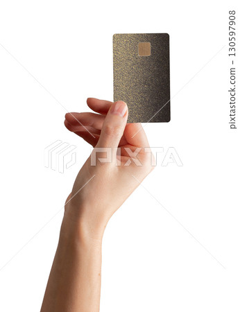 Card in hand. Female arm with grip showing chip, close up on bankcard. Purchase, shopping, payment, 130597908