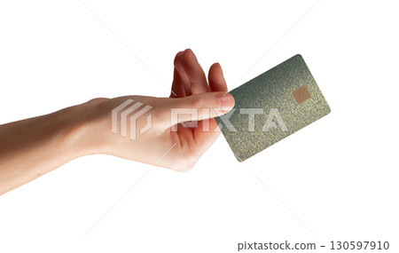 Card in hand. Grip and finger showing credit chip close up. Payment, cash, fund, finance, earning, 130597910