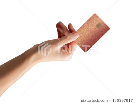Card in womans hand, closeup hold to pay. Bank finance design for credit, debit, purchase, shopping Card in womans hand, closeup hold to pay. Bank finance design for credit, debit, purchase, shopping 130597917