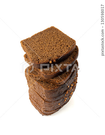 Black rye bread isolated, dark brown sliced loaf, sourdough borodinsky rugbrod square slices 130598017
