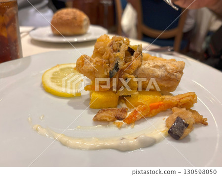 Delicious fish in batter on a restaurant plate Delicious fish in batter on a restaurant plate 130598050