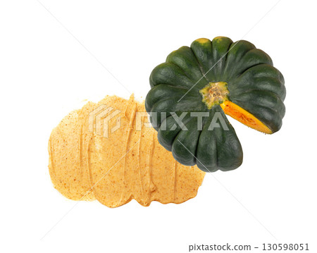 Yellow pumpkin scrub texture smear isolated. Creamy face cosmetic swatch 130598051