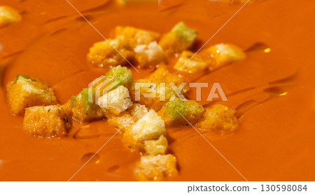 Creamy tomato soup pattern, bisque with croutons wallpaper Creamy tomato soup pattern, bisque with croutons wallpaper 130598084