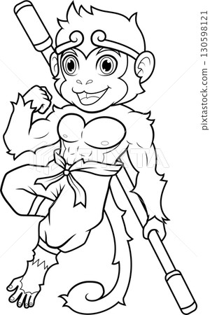 Monkey King Poses with Staff Line Art Monkey King Poses with Staff Line Art 130598121