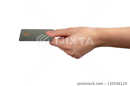 Currency in motion. Card grip in hand, profit, cashback, credit wage, finance concept, chip design, 130598129