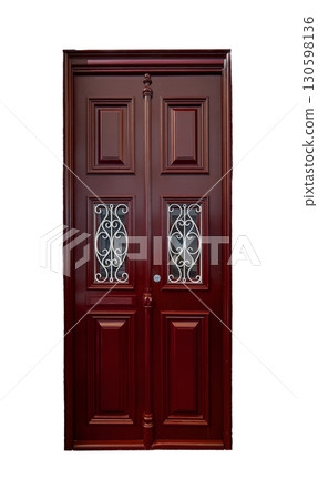 Door isolated on white background. Beautiful vintage wooden entrance, closed double red panels, 130598136