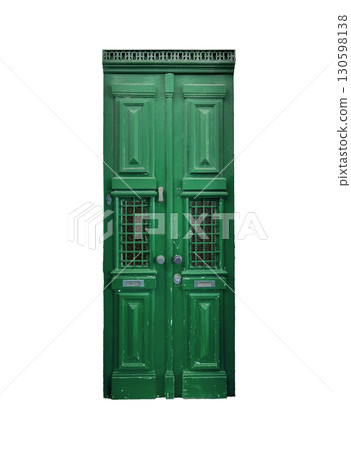 Door isolated on white background. Vintage wooden entrance, weathered green double front panels, 130598138