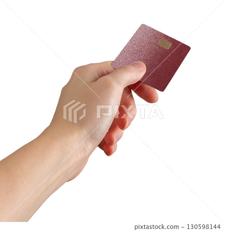 Economic exchange. Card grab in finger, chip visible, secure transaction, money, shopping, cashback, 130598144