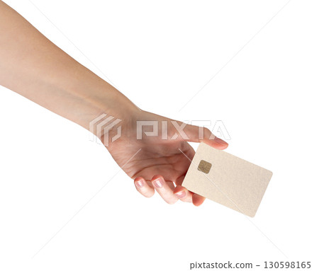 holding a bank card, representing finance, wealth, and cashless transactions. The cardholder grips holding a bank card, representing finance, wealth, and cashless transactions. The cardholder grips 130598165
