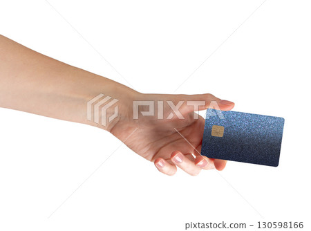 holding a bankcard, showcasing secure payment and transfer options. Her hand gripping the plastic 130598166